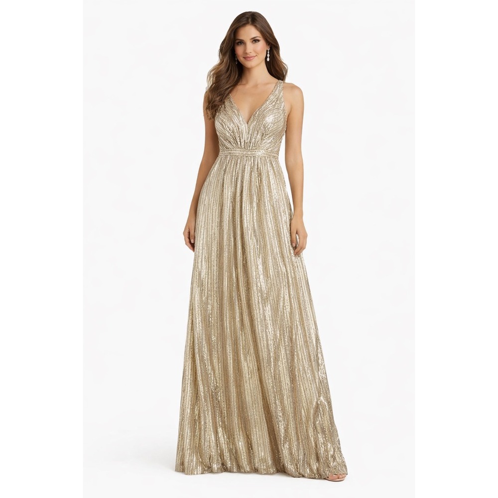 Adrianna Papell Weddington Way Gold Sequin Pleated Maxi Gown Formal Dress 2